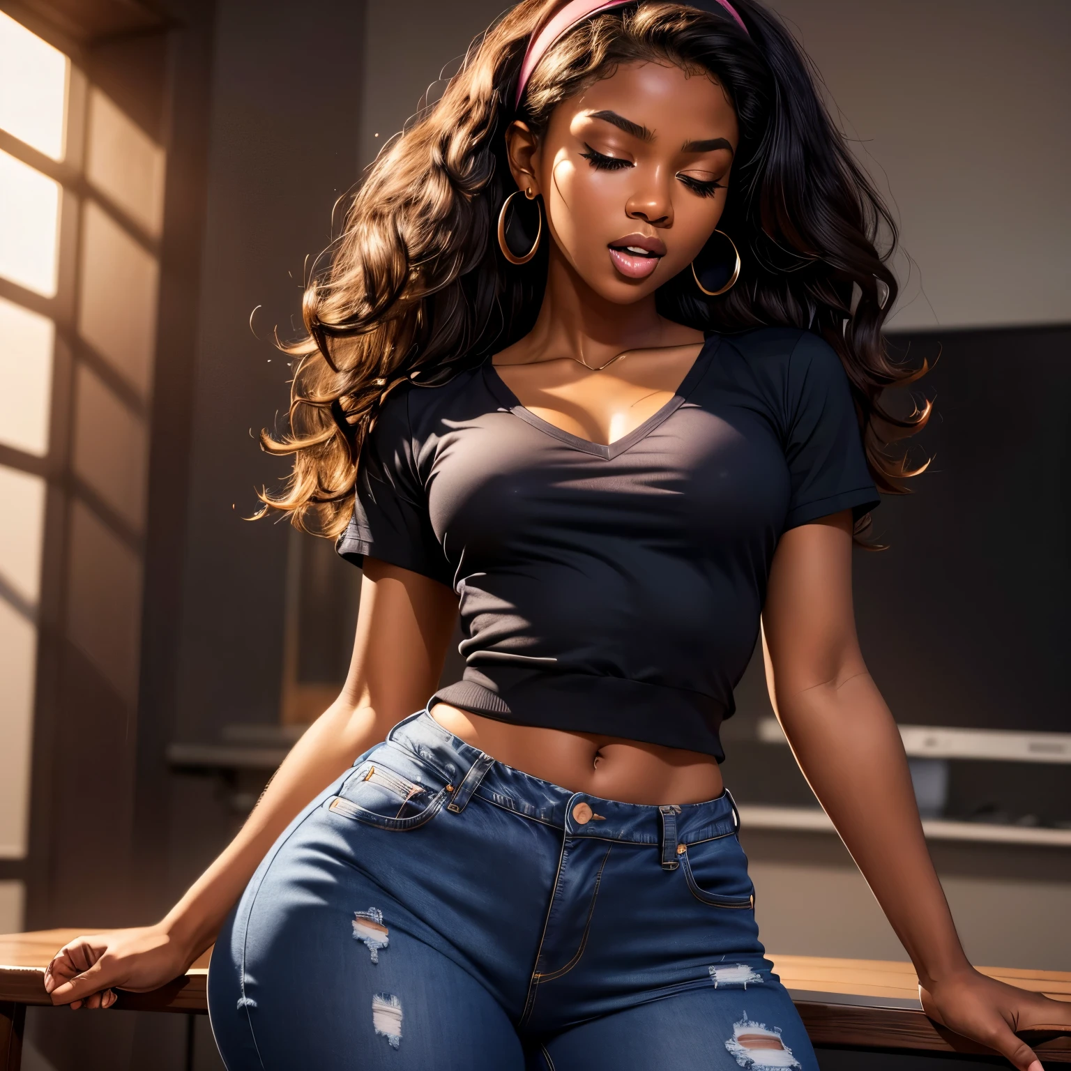 Masterpiece, high quality, 18 years old, high resolution, volumetric lighting, subsurface scattering, 8k, Beautiful woman, (dark skin), phillipino, college student, uniform, (floral v-neck, jeans) wavy hair, headband, hoope earings, classroom, sexy pose, seductive pose, ((slim thick body:1.2)), thick thighs, round-butt, open mouth, big lips, screaming, orgasm, night time, eyes closed, Masterpiece, Professional lighting, 16k, 8k wallpaper, raw photo, photorealistic:1.8, ultra detailed, natural lighting