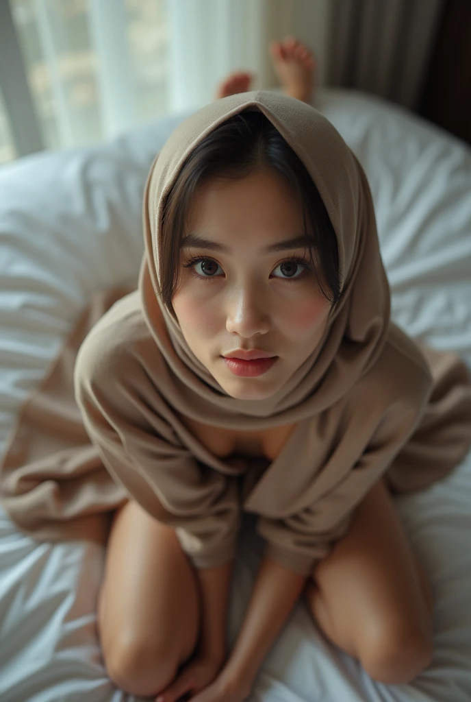 A dramatic, full-body portrait of a beautiful 35-year-old Indonesian woman wearing only her hijab, bra, and panties, sitting on a bed as she cries emotionally, covering her half-naked body with her hand. Her facial expression is one of shame and sadness, having just been humiliated by her -yeld soIn the background, a sleeping 14-year-o boes neto her. The scene is captured in sharp focus, with surreal lighting and composition. The woman's beautiful face, slim physique and small breasts are prominently featured, as well as her thin waist. The entire image is rendered in stunning detail, with lifelike realism and subtle depth of field. The camera captures the scene in a raw, candid style, reminiscent of 16mm film. Color grading is reminiscent of Portra 400 film, with vibrant colors and nuanced shading.