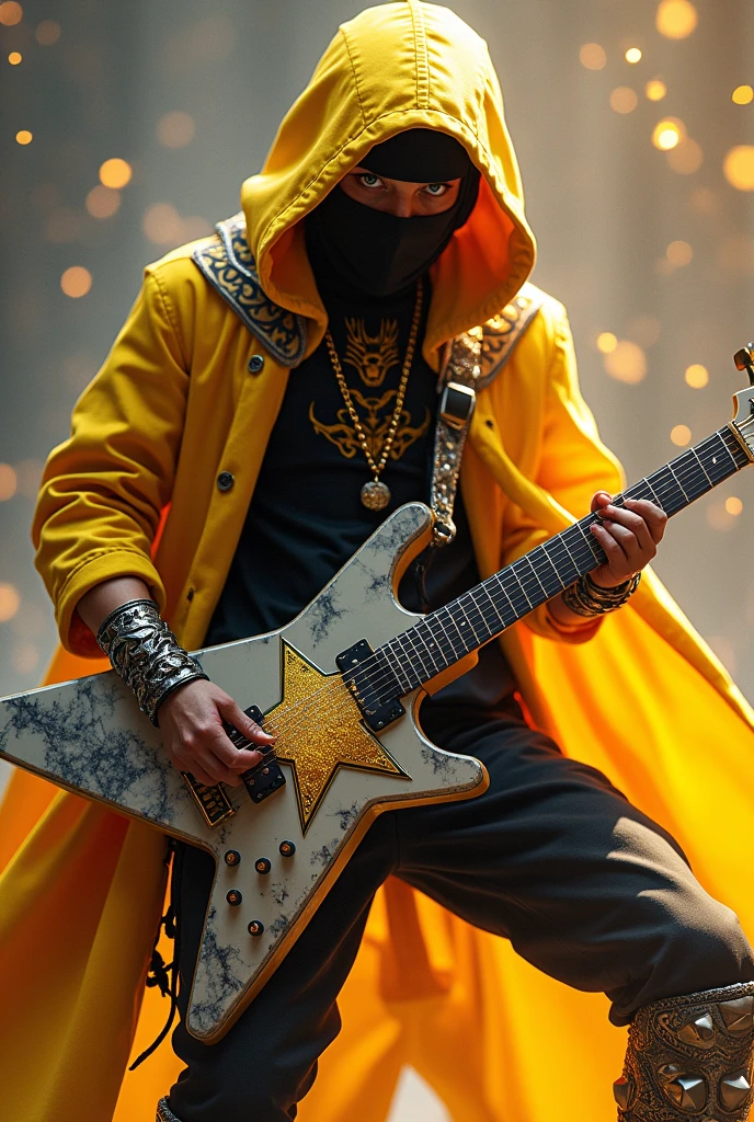 Personnage inspiré ninja rocker avec une guitare électrique qui ressemble a une étoile  sur le milieu ave. des effet scintillante est éclatant d'étoiles une étoile sur le milieu de la guitare avec une étoile filante sur la guitare un costume de ninja avec une capuche de ninja avec un dragon dessiné sur sa capuche  Des chaussures de métal avec des pique sur c'est chaussure des motif sur sont qui sont jaune clair orange pâle est noir des yeux noir est blanc un collier en forme d'étoiles sur sont cou est un côté de combattant dangereux 