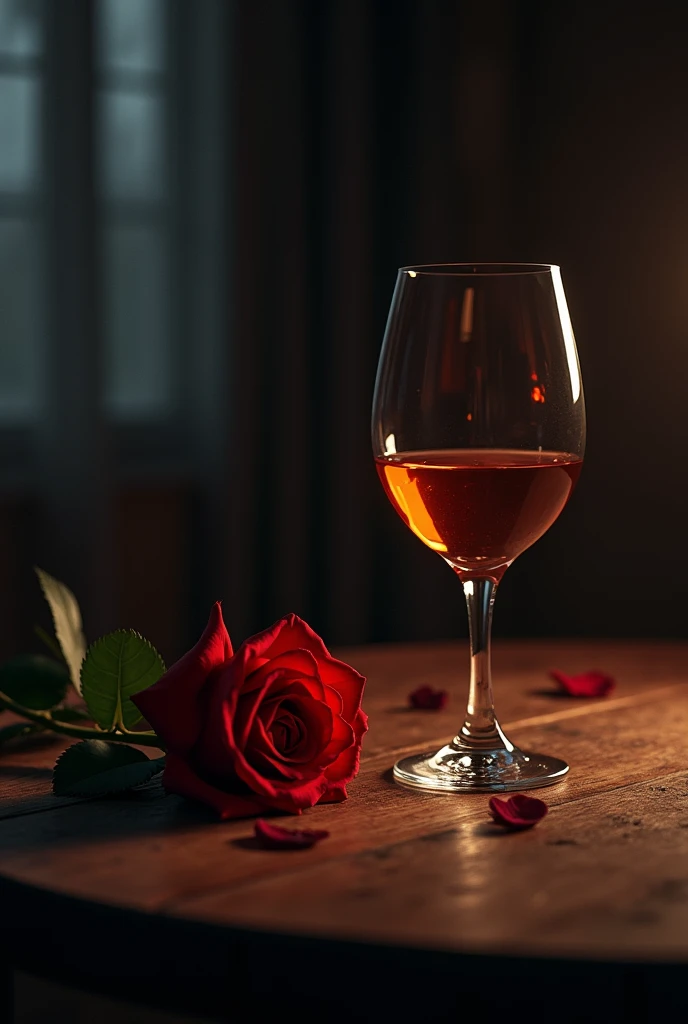 alcohol,red rose,Wooden table,night