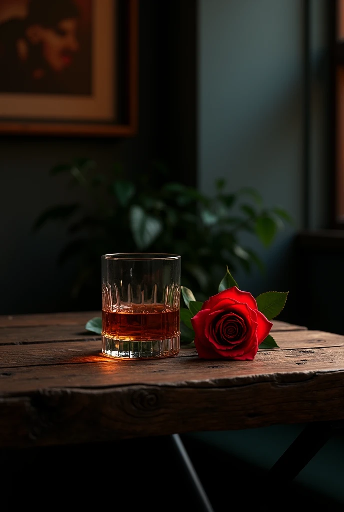alcohol,red rose,Wooden table,night