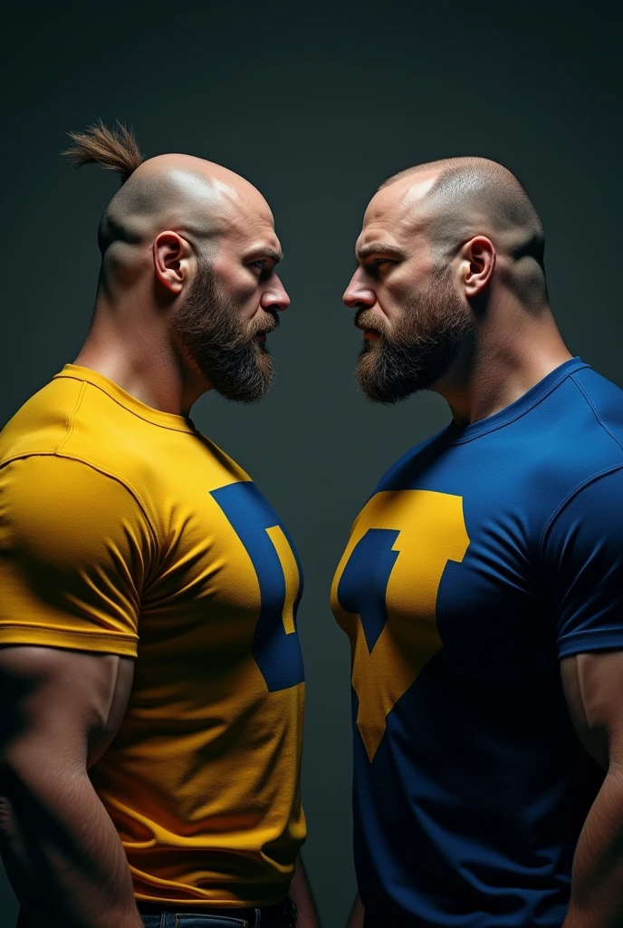 a large muscular man, wearing a yellow shirt with the word "U" in blue font, bald except for one strand of hair, a large muscular man, wearing a blue shirt with the word "I" in yellow font, bald except for one strand of hair, detailed face, photorealistic, high resolution, 8k, best quality, ultradetailed, hyper realistic, dramatic lighting, cinematic, epic