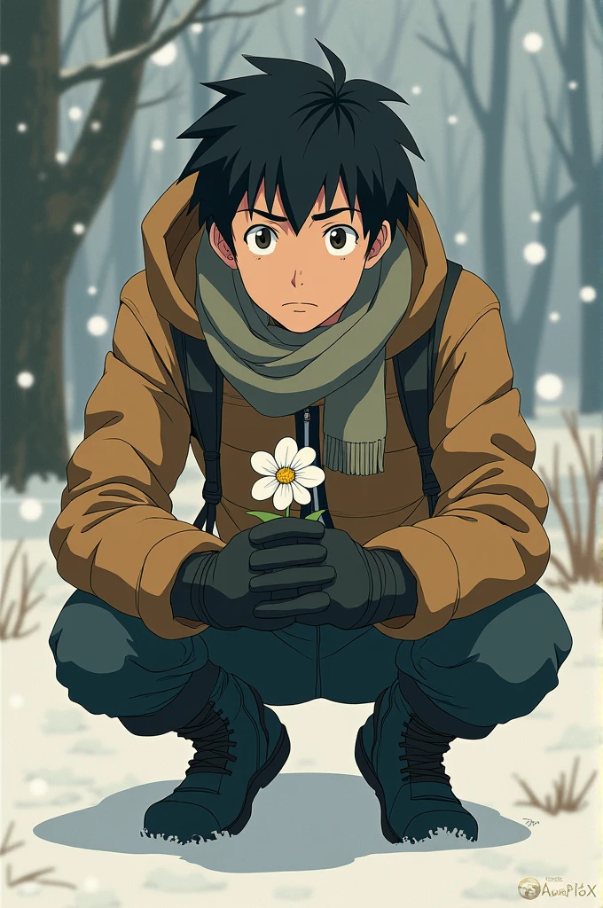 The image shows a young man crouching, serious anime style from Ghibli, with winter clothes. She wears a scarf and holds a white flower in her gloves.. 