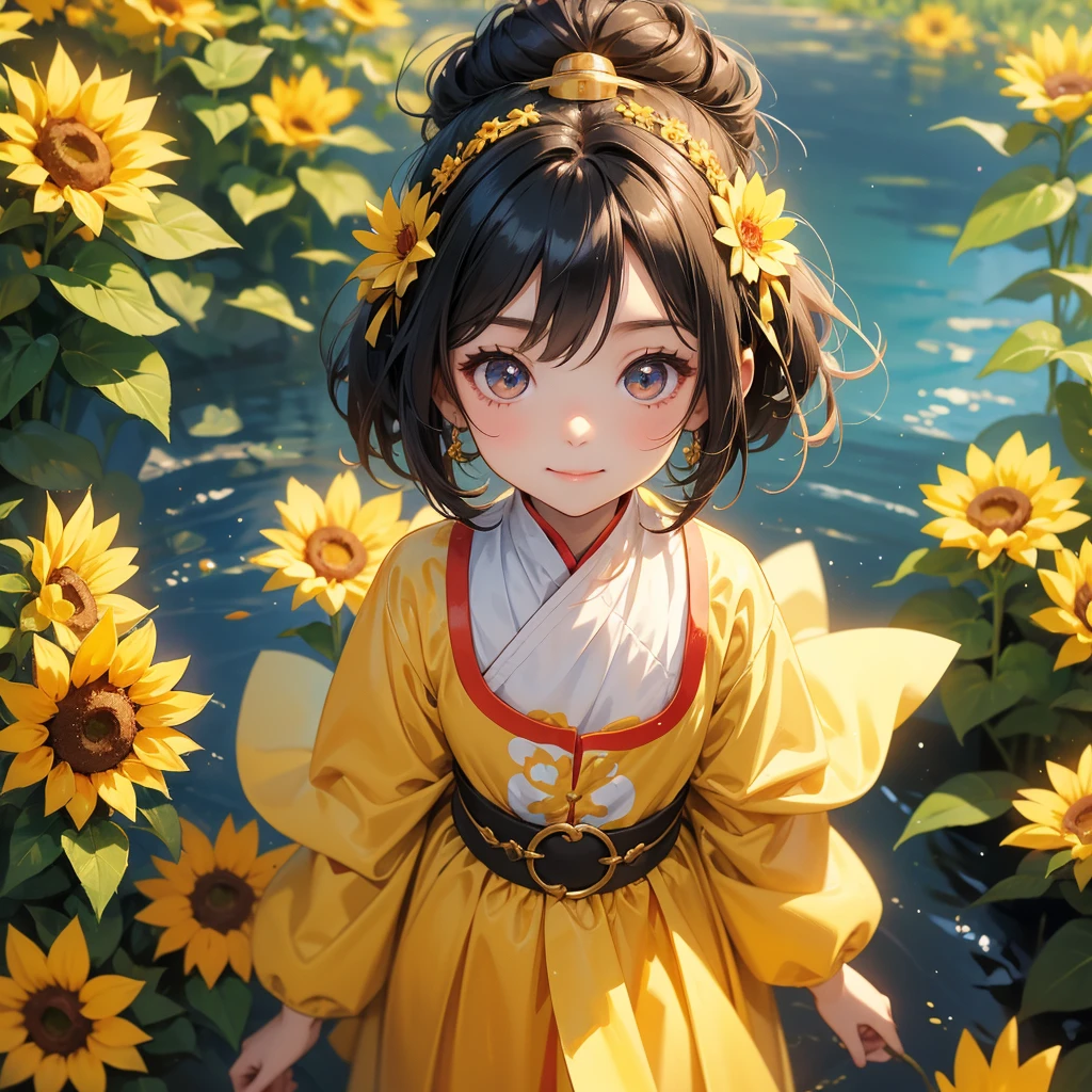 A chibi child girl had a small face and Wearing a white little Taoist priest's outfit. A pair of big round eyes shone with curiosity about him. This child was so cute!, Burning joss paper and gold paper for the departed spirits, her hair is black with two buns on her hair.small chibi, chibi baby, smiling.The little chibi baby looked up with his chest raised, and his face was old and proud.
Strolling among the sunflower fields Glowing yellow,
