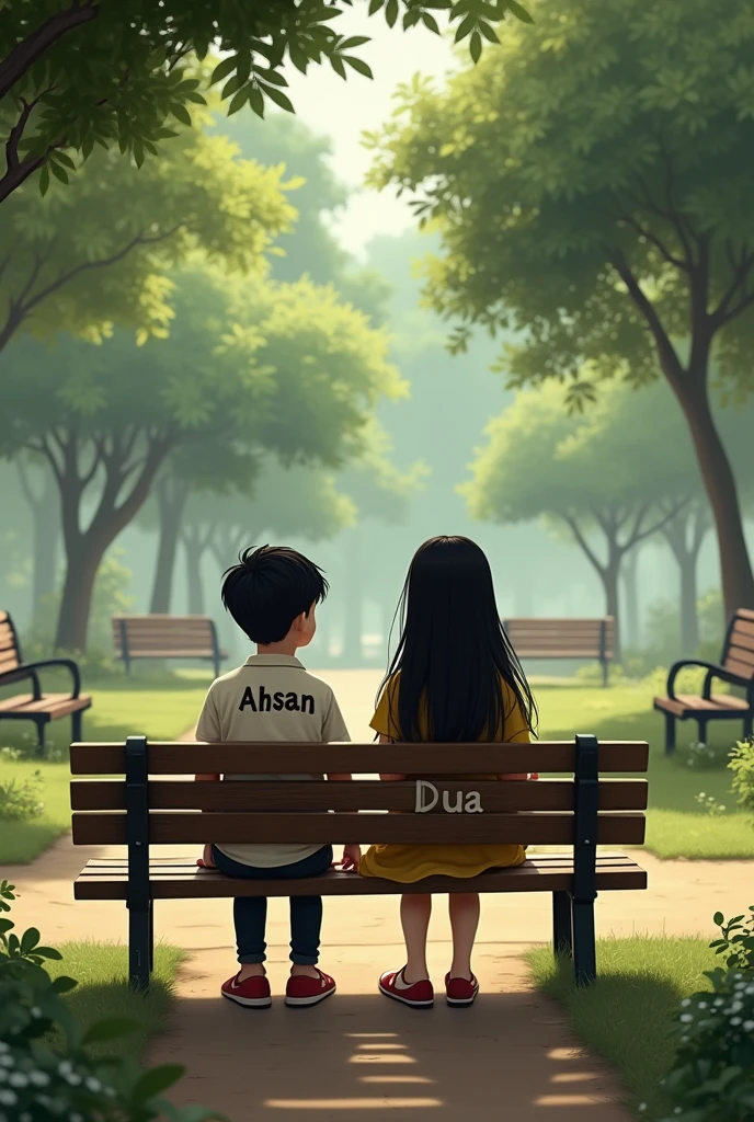 A boy and a girl are sitting in a park on a bench with Ahsan written on the back of the boy's shirt and Dua written on the back of the girl's seat.