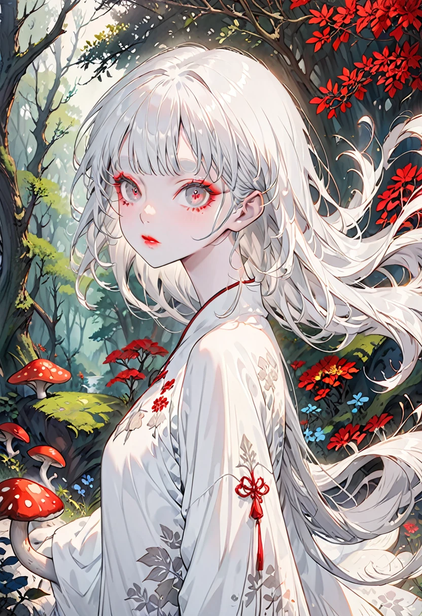 The background is a forest，(Highest quality,Very detailed,High resolution:1.2),Slim albino girl，White bob hair,gray bangs，very_long white eyelashes, White eyebrows, White skin，Detailed lips, Cool look, Soft Skin, Shiny Hair,Exquisite makeup,Red mushroom spirit