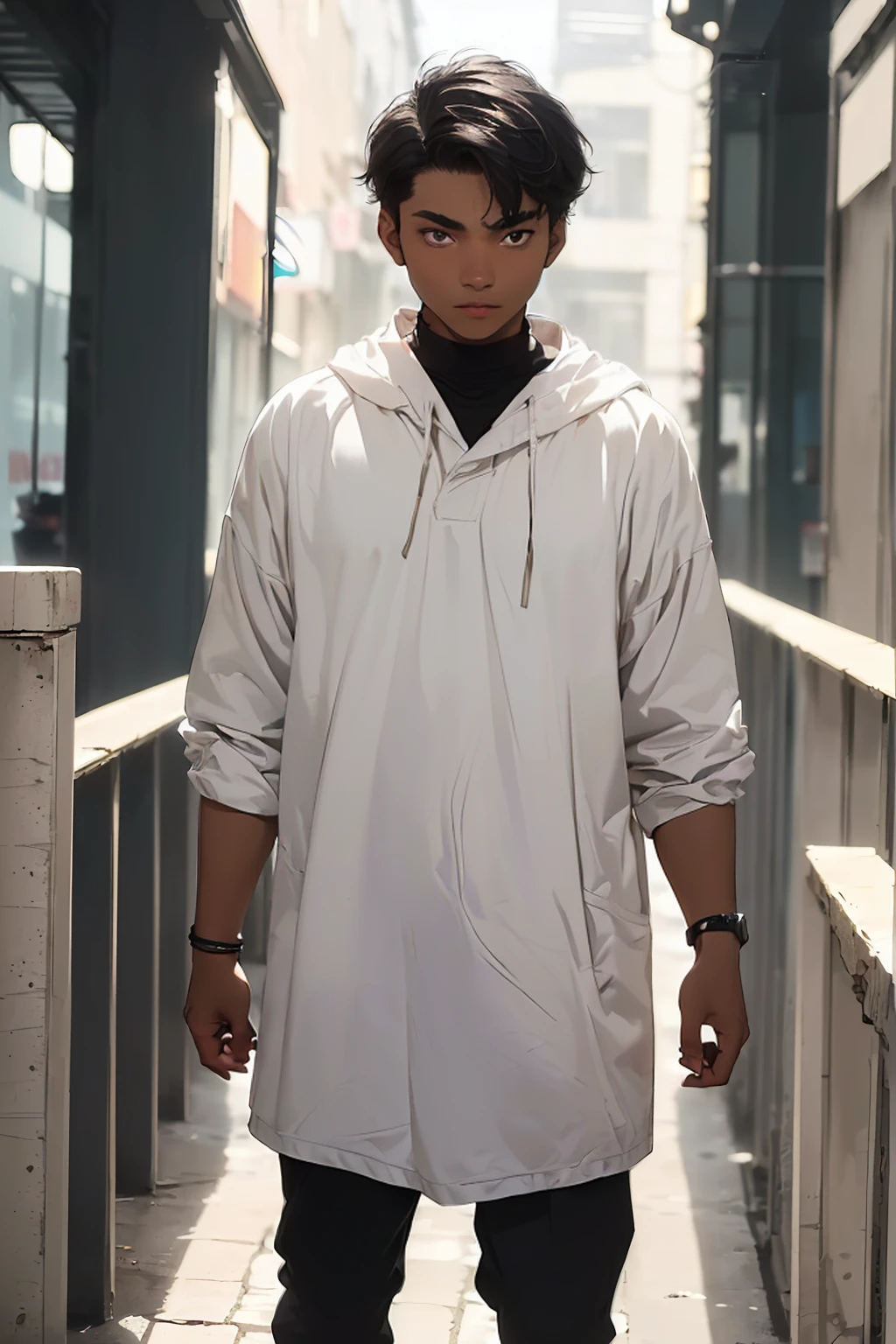 (Boy1 solo:1.5),(Young 17-year-old boy, with average physical appearance and a height of 1.80m).(dark skin color: 2.0),(his face has a youthful oval shape. His eyes are brown and,(his hair is short, black and frizzy curly: 1.5).(His face has mixed facial features, with a thick, flat nose, and a large but slightly thin mouth. His build is athletic and very average for a 17-year-old teenager, with very slight muscles. He walks with confidence, his expression serious, but his eyes shine with a restrained energy. His presence is imposing and magnetic, drawing the attention of everyone around him.)