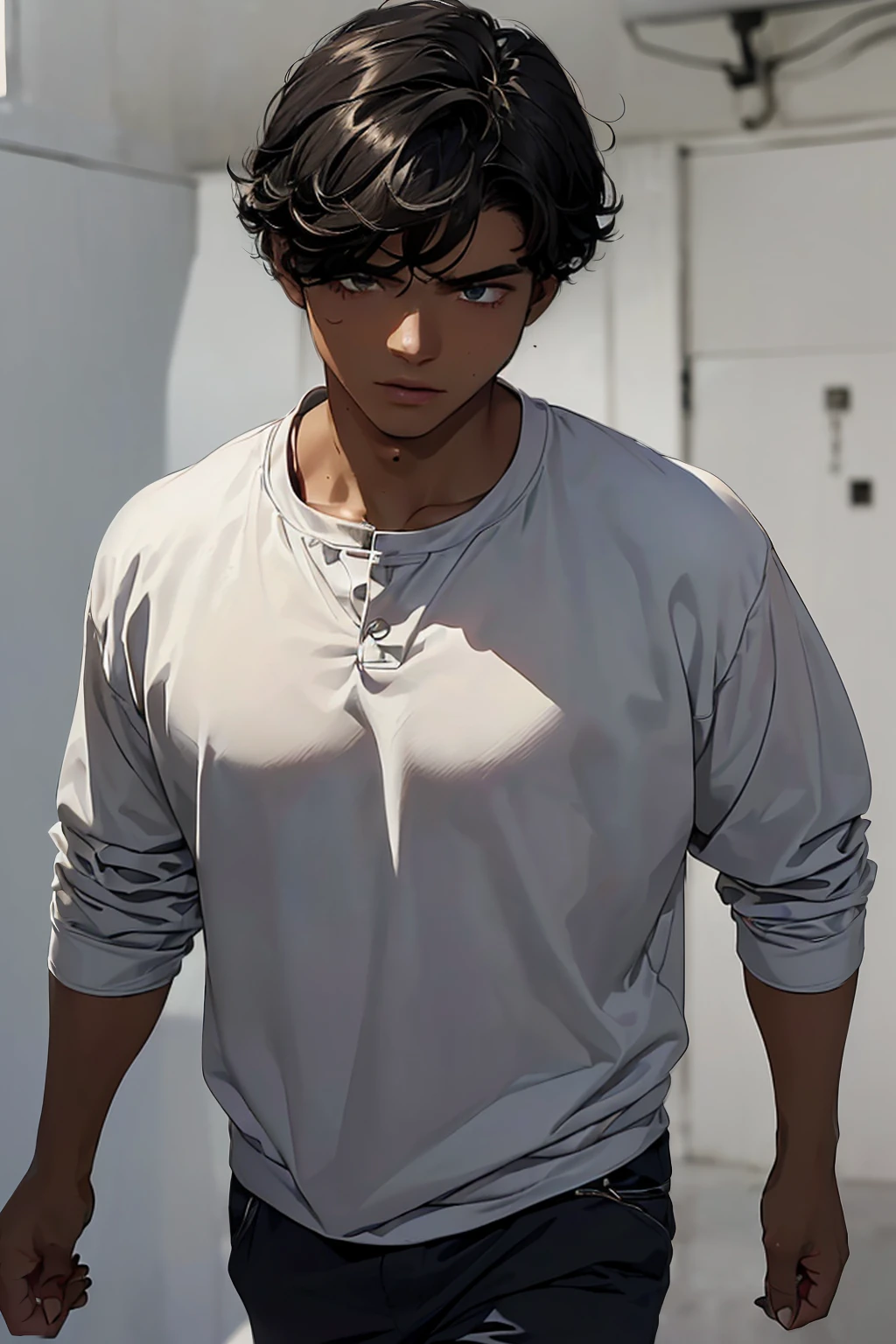 (Boy1 solo:1.5),(Young 17-year-old boy, with average physical appearance and a height of 1.80m).(dark skin color: 2.0),(his face has a youthful oval shape. His eyes are brown and,(his hair is short, black and frizzy curly: 1.5).(His face has mixed facial features, with a thick, flat nose, and a large but slightly thin mouth. His build is athletic and very average for a 17-year-old ager, with very slight muscles. He walks with confidence, his expression serious, but his eyes shine with a restrained energy. His presence is imposing and magnetic, drawing the attention of everyone around him.)