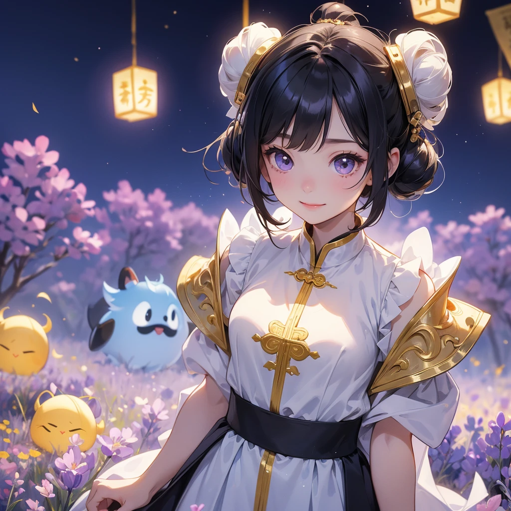 A chibi child girl had a small face and Wearing a white little Taoist priest's outfit. A pair of big round eyes shone with curiosity about him. This child was so cute!, Burning joss paper and gold paper for the departed spirits, her hair is black with two buns on her hair.small chibi, chibi baby, smiling.The little chibi baby looked up with his chest raised, and his face was old and proud.
Stroll among the purple lavender fields , There are some floating clouds,