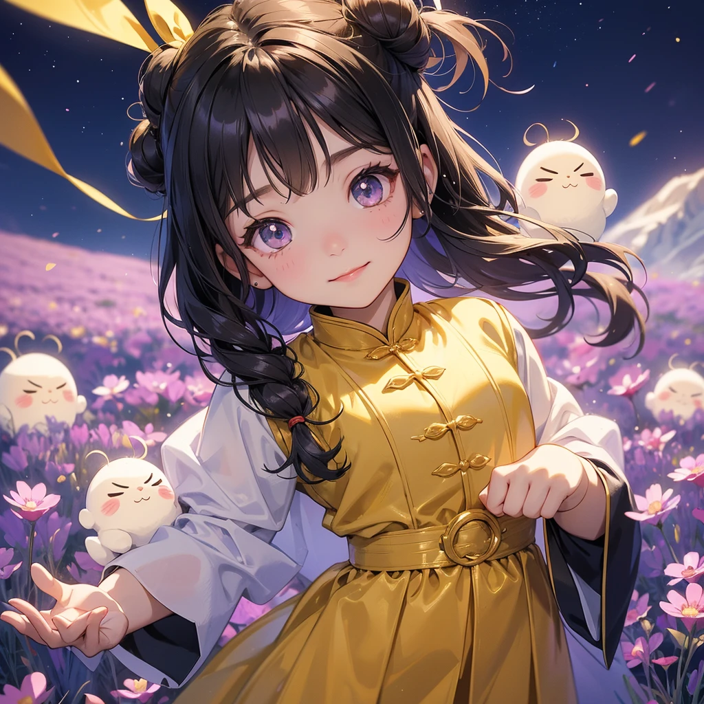 A chibi child girl had a small face and Wearing a white little Taoist priest's outfit. A pair of big round eyes shone with curiosity about him. This child was so cute!, Burning joss paper and gold paper for the departed spirits, her hair is black with two buns on her hair.small chibi, chibi baby, smiling.The little chibi baby looked up with his chest raised, and his face was old and proud.
Stroll among the purple lavender fields , There are some floating clouds,