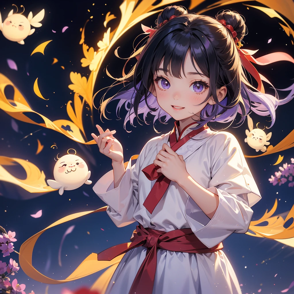 A chibi child girl had a small face and Wearing a white little Taoist priest's outfit. A pair of big round eyes shone with curiosity about him. This child was so cute!, Burning joss paper and gold paper for the departed spirits, her hair is black with two buns on her hair.small chibi, chibi baby, smiling.The little chibi baby looked up with his chest raised, and his face was old and proud.

Stroll among the purple lavender fields , There are some floating clouds,

 
