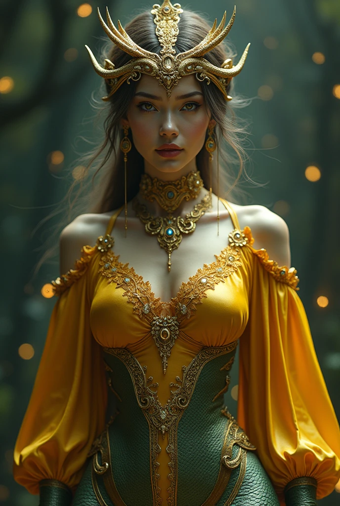 A women with golden blouse and half snake tale body with snaky eyes and snake shaped ornaments predict that she is naagin