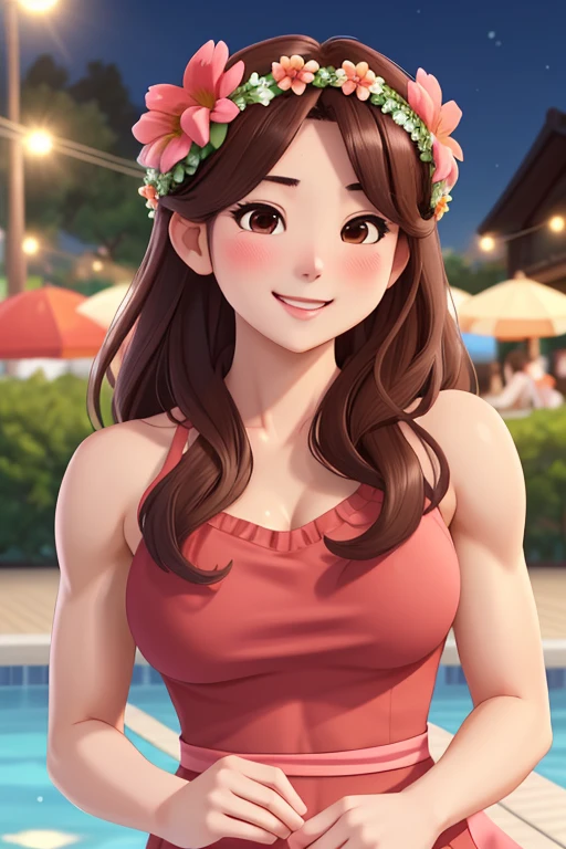 attractive korean woman, ripped muscle, muscular body, small breast, pale skin, smile(blush), sundress, flower wreath, sixpack abs, [ultra detailed skin:1.2], brown hair, long wavy hair, 8k uhd, pussy, full body, crowd, public, night, poolside, standing,