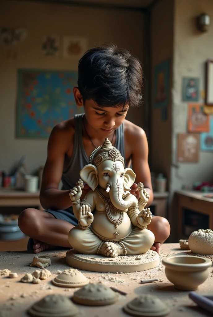 An old Indian boy artist is seen making a Lord Ganesha idol