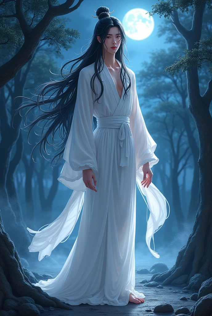Generate an image of Artistic portrait, Night view, Twilight, Moonlight, Black Forest landscape, Blue hour, Full body shot,Historical Chinese outfit theme, fairy looking guy with long waist black hair,black innocent dragon eyes,porcelain skin,red lips and wearing an all white robe,no shoes and long hand nails.In the style of CG historical chinese anime manhua.