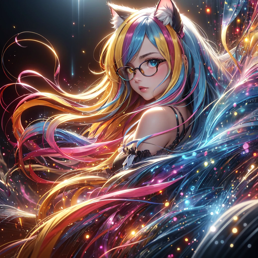 ((8k, best quality, masterpiece, extremely detailed, Rule of thirds)), (((light play, shadow play))), ((abstract background)), ((provocative)), ((glamour photography)), ((cinematic, film grain)), ((anime aesthetic)), ((comic-style)), ((soft light passing through hair)), ((colorful, frenzied)), reflection, shiny, ((1girl, multi-color hair, flowing hair, holographic, wind-blown)), black long hair, yellow hair tail, Colorful Hair, heterochromia, wear round glasses, A pair of cat ears on the head