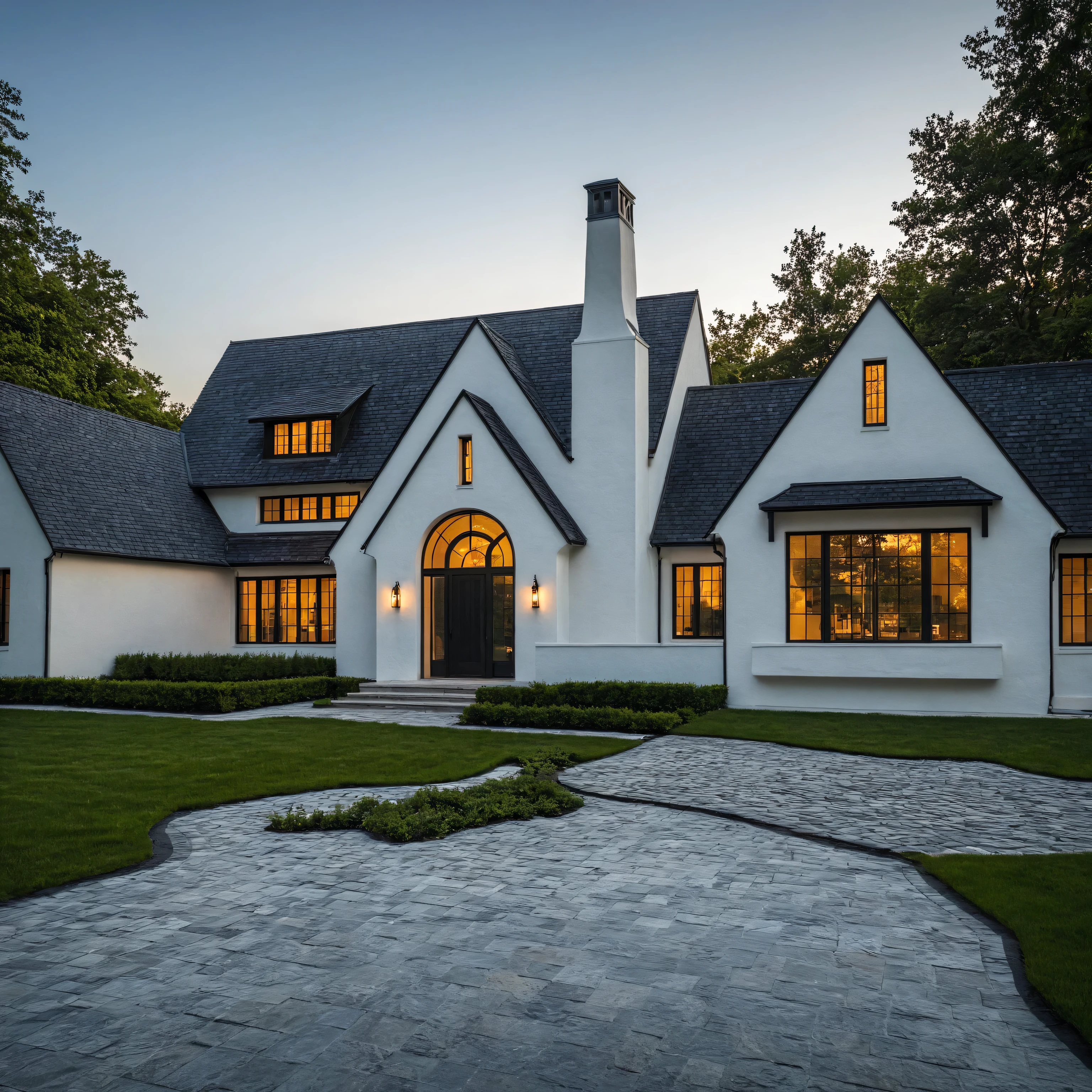 (RAW photo, masterpiece, best quality,ultra-detailed, extremely delicate and beautiful, highresolution, best shadow:1.1), A modern tudor-style exterior with white (stucco walls:0.9), a black shingle roof, and an elegant front door, (warm interior lighting:1.3), The house has large windows that emphasize natural light and the surrounding landscape. A stone walkway leads to a grand entrance, creating a welcoming atmosphere. 