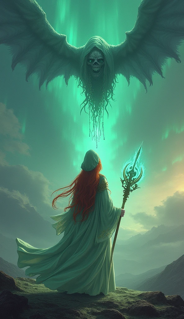 In a vast, mystical landscape, where the sky shimmers with the colors of the evening aurora, the graceful summoner Seraphina stands. Her long, flowing red hair is topped with a green hood, and her piercing green eyes are filled with determination. Her elegant robe, made of pale green cloth with magical symbols embroidered on the sleeves, billows gently in the breeze. In her hand is a staff that glows faintly with mystical energy. Seraphina summons Anima, a terrifying embodiment of darkness and despair. Its chained form rises from the abyss, eyes glowing with malevolence. Anima’s ghastly visage twists in agony as it prepares to unleash Pain, an attack that crushes the will and soul of its enemies, leaving nothing but despair in its wake.
