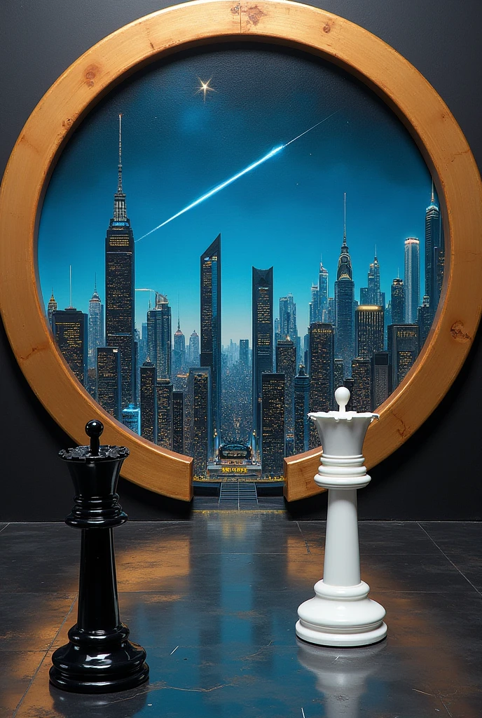 The image shows a painting: 
Round frame，Like an Ouroboros., The canvas depicts the city of the future，There are tall skyscrapers, There is a shooting star in the distant night sky.. 
Two chess pieces can be seen outside the painting., The painting shows the black chess king and the white chess king. 