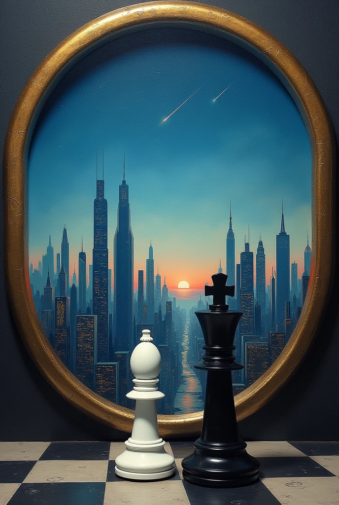 The image shows a painting:
Round frame,Like an Ouroboros., The canvas depicts the city of the future,There are tall skyscrapers, There is a shooting star in the distant night sky..
Two chess pieces can be seen outside the painting., The painting shows the black chess king and the white chess king.