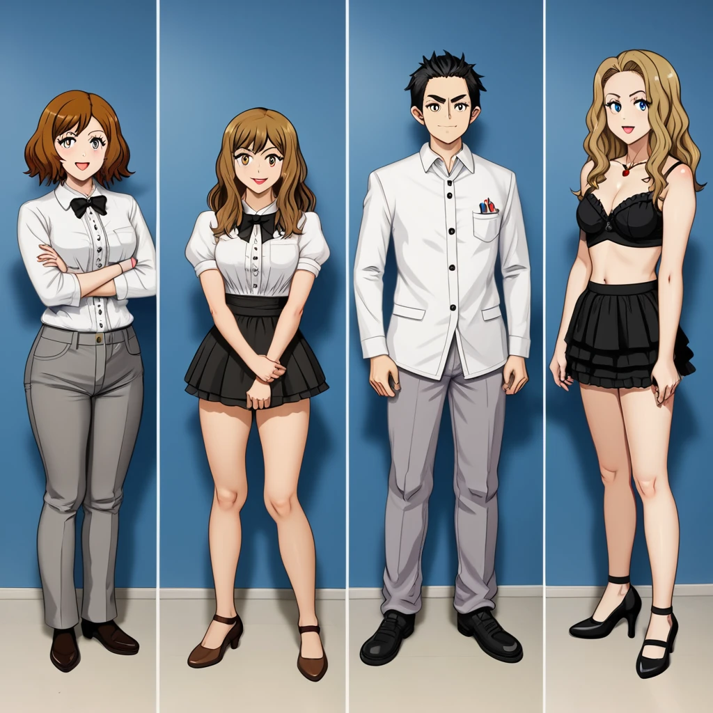arafed woman in a white shirt and grey pants standing in front of a blue wall, kirsi salonen, magdalena andersson, wearing a blouse, magdalena radziej, wearing a white blouse, moleksandra shchaslyva, niele toroni, photo of džesika devic, serena malyon