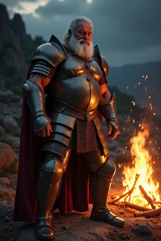 Gay porn hit sexy . Grandpa bodybuilder  in armor knight. Nigt . Bonfire. Hot posing . Big muscle pecs. Want to get fucked. Sexy face. Old. Hairy. Oily skin. Sweat.  