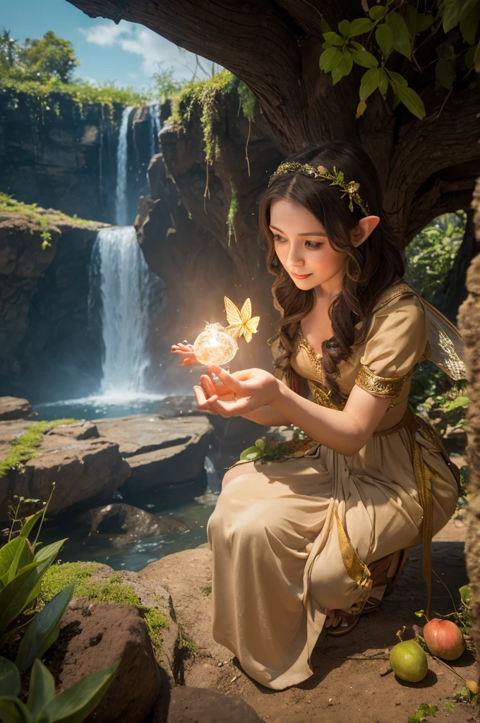 An elven woman holds a small fairy in the palm of her hand