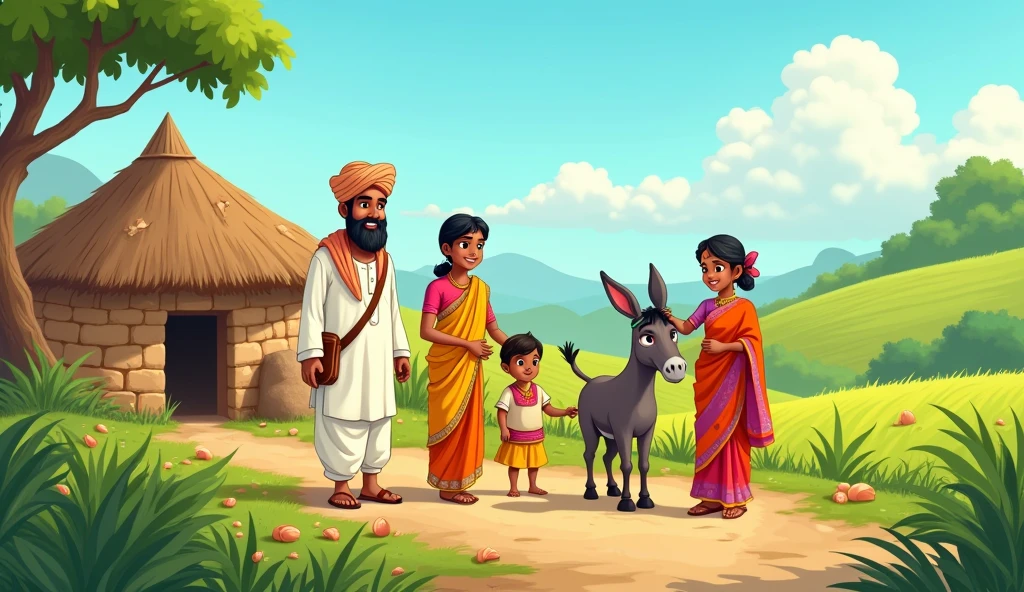 Create an cartoon image of a farmer man wearing kurta and pyjama one women wearing saree and one young boy and one donkey and hut and village and beautiful background