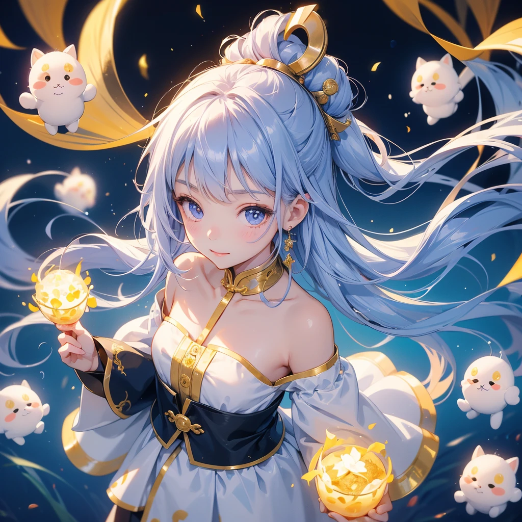 A chibi child girl had a small face and Wearing a white little Taoist priest's outfit. A pair of big round eyes shone with curiosity about him. This child was so cute!, Burning joss paper and gold paper for the departed spirits, her hair is black with two buns on her hair.small chibi, chibi baby, smiling.The little chibi baby looked up with his chest raised, and his face was old and proud.

Strolling among the nemophila fields Glowing blue,

 
