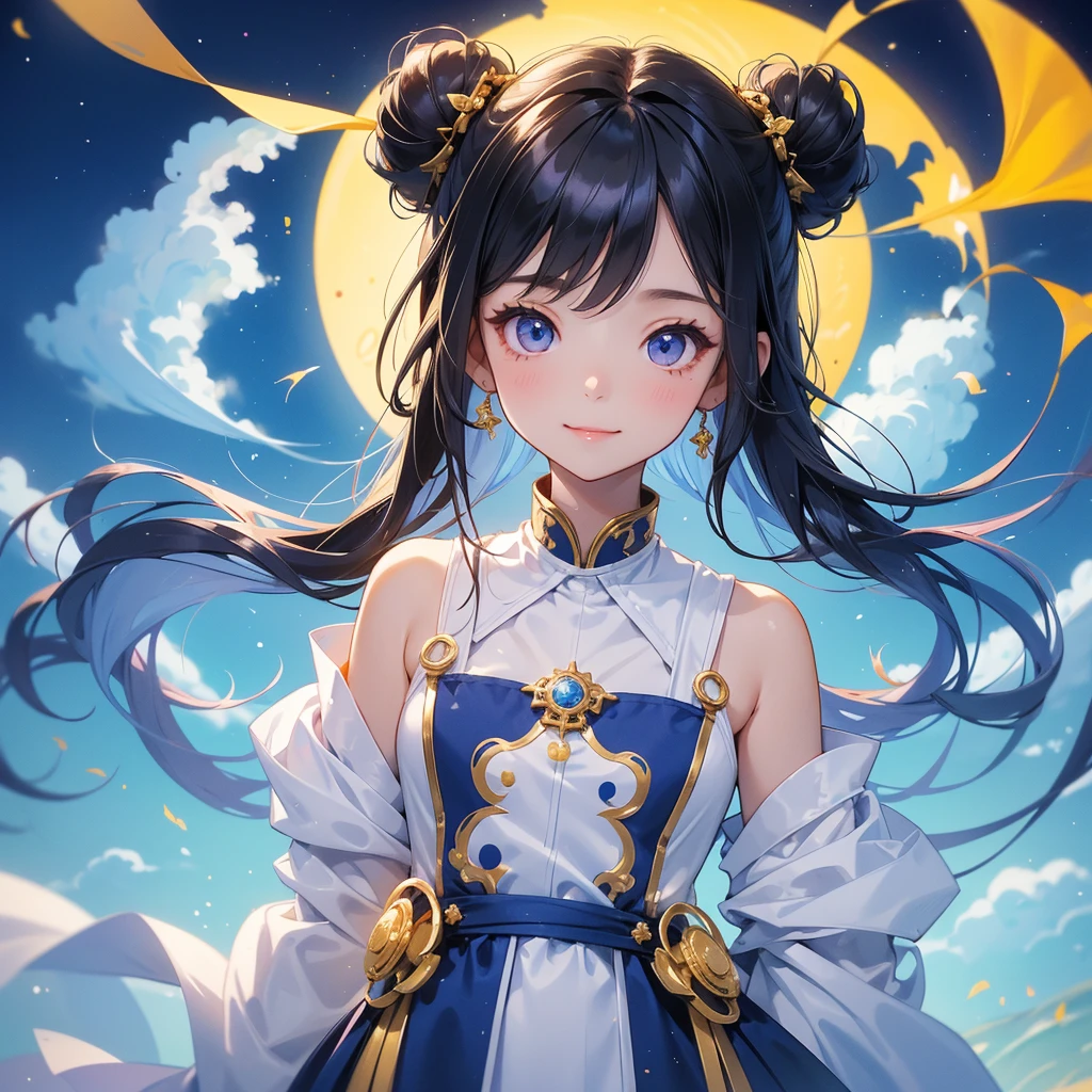 A chibi child girl had a small face and Wearing a white little Taoist priest's outfit. A pair of big round eyes shone with curiosity about him. This child was so cute!, Burning joss paper and gold paper for the departed spirits, her hair is black with two buns on her hair.small chibi, chibi baby, smiling.The little chibi baby looked up with his chest raised, and his face was old and proud.
Strolling among the nemophila fields Glowing blue,