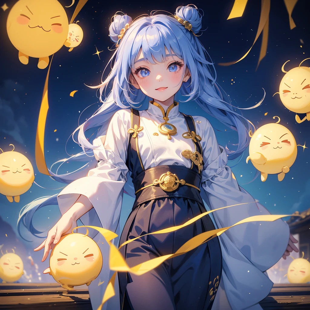A chibi child girl had a small face and Wearing a white little Taoist priest's outfit. A pair of big round eyes shone with curiosity about him. This child was so cute!, Burning joss paper and gold paper for the departed spirits, her hair is black with two buns on her hair.small chibi, chibi baby, smiling.The little chibi baby looked up with his chest raised, and his face was old and proud.
Strolling among the nemophila fields Glowing blue,