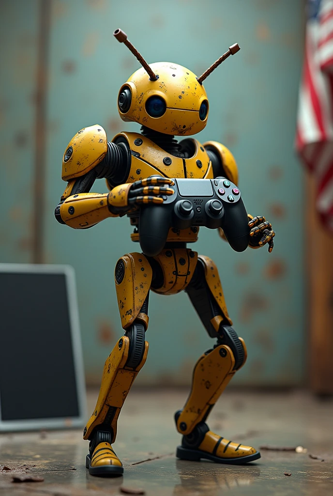 The Bugdroid instead of Uncle Sam, without ANY flags, Holding a PS5 controller in the Right hand and the left hand pointing in front, in the background a Cellphone without display, In a metallic poster like the military ads from the 30s.