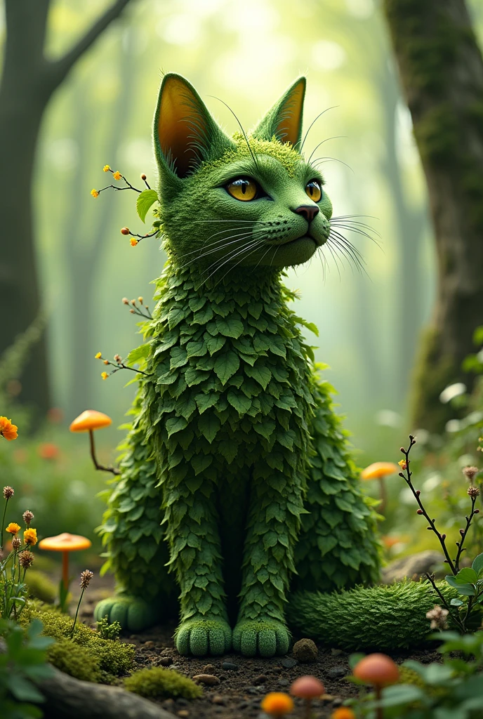 A cat made with leaves and tress
