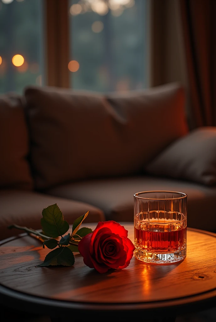 alcohol,red rose,Wooden table,night,sofa