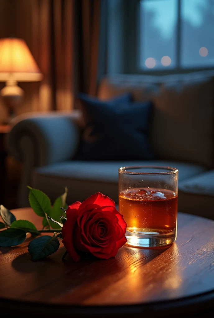 alcohol,red rose,Wooden table,night,sofa