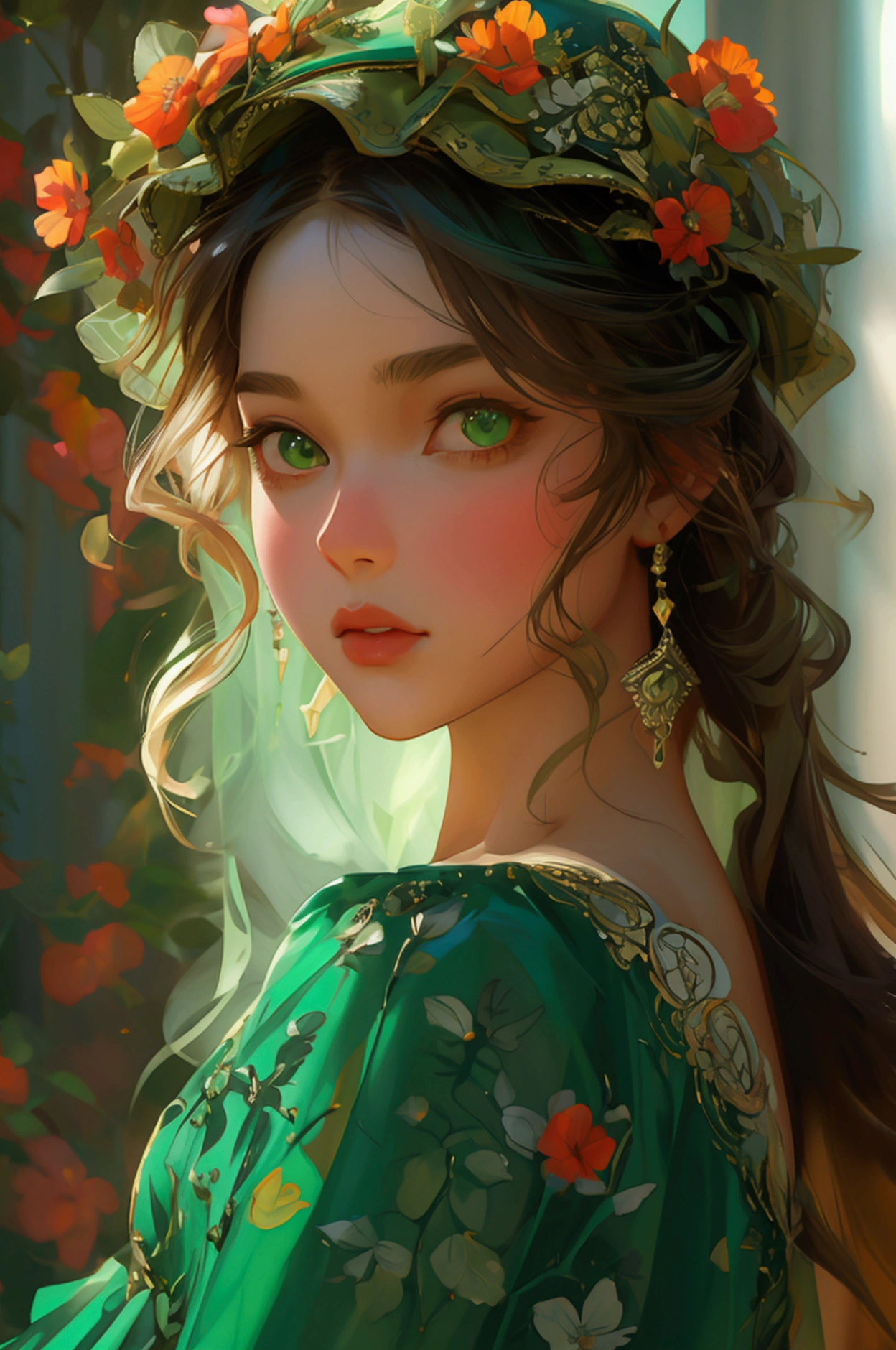 successipious expressons of girl face, wearing green dress, full character, full images looking at camera