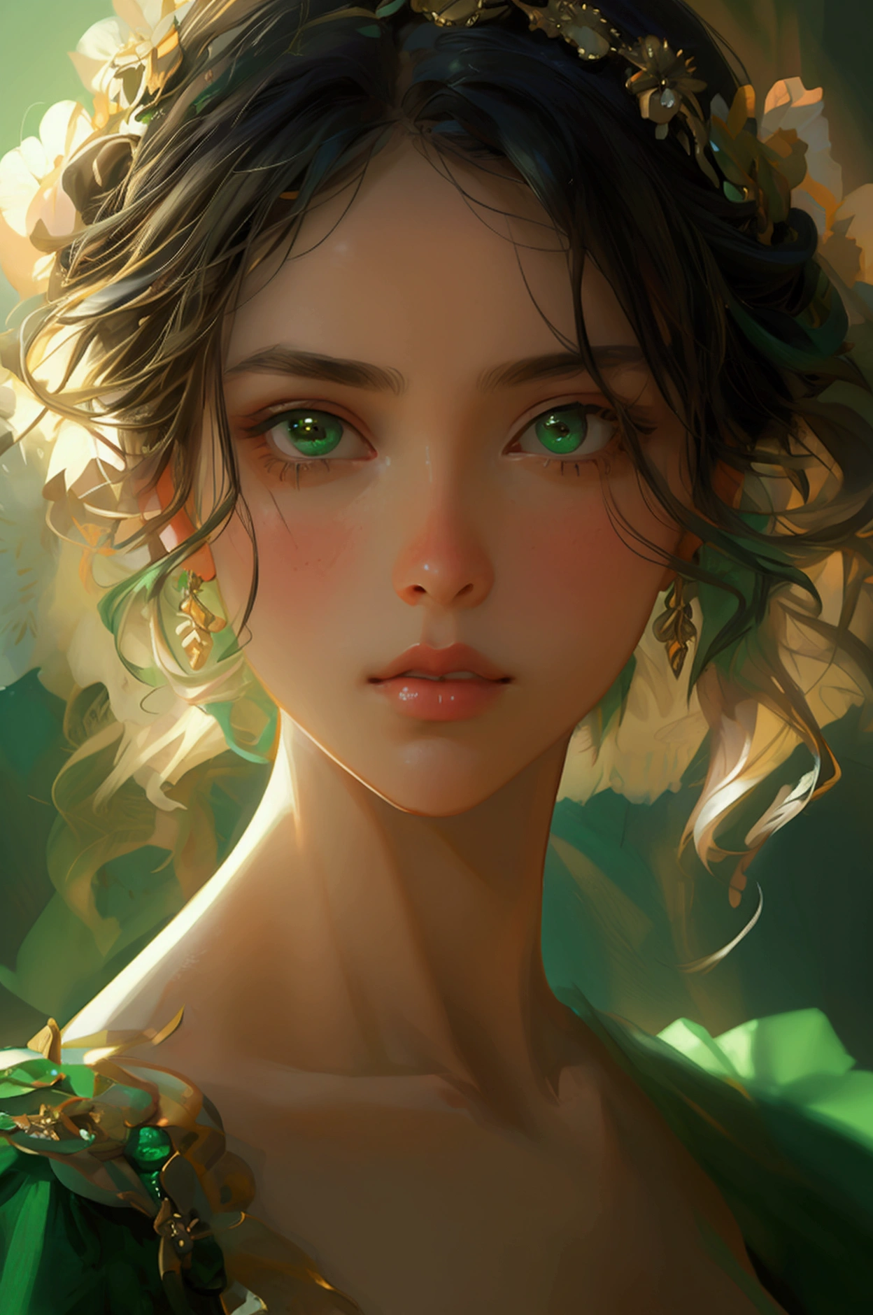 successipious expressons of girl face, wearing green dress, full character, full images looking at camera 