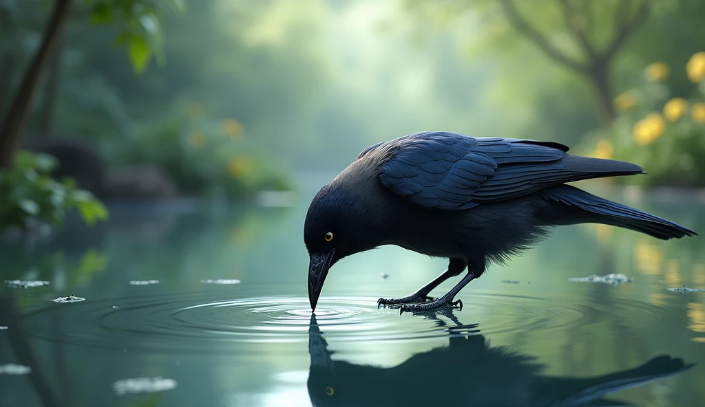 Crows are depicted drinking water, with a sense of joy and peace. One