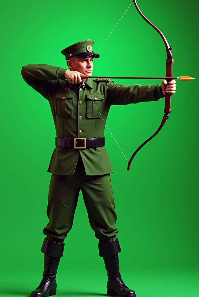 straight viewed, green uniform, male military Archer is a warrior, military cap on head, Arrow shooting , Plain full green screen background