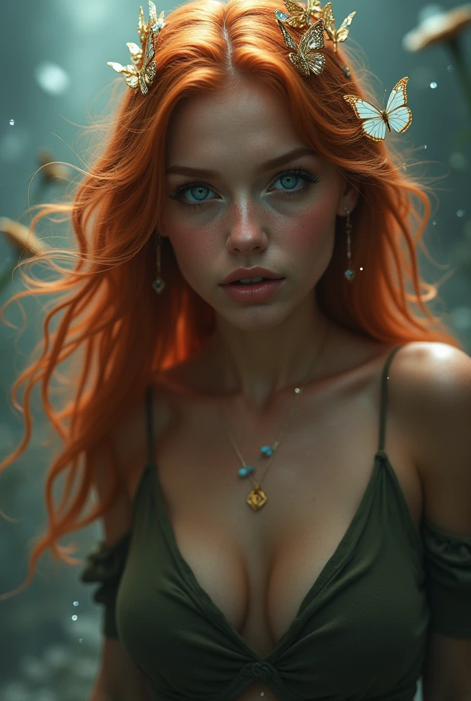 (solo, full body photo:1.3), (action packed:1.3), (haze, fog, mist:1.3), chiaroscuro, best quality, photorealistic, 1woman, (cute), (19yo:1.2), redhead, long ginger hair highly detailed, 2000'S, digital photography, art by artgerm and ruan jia and greg rutkowski surreal painting gold butterfly filigree, broken glass, (masterpiece, sidelighting, finely detailed Fashionable eyes: 1.2) (perfect oval large eyes that gazes at the viewer), beautiful detailed face, blue gorgeous perfect eyes, (blonde hair ponytail), (attractive young woman:1.3), (thick amazing hair), (seductive:1.1), (blushing:1.1)