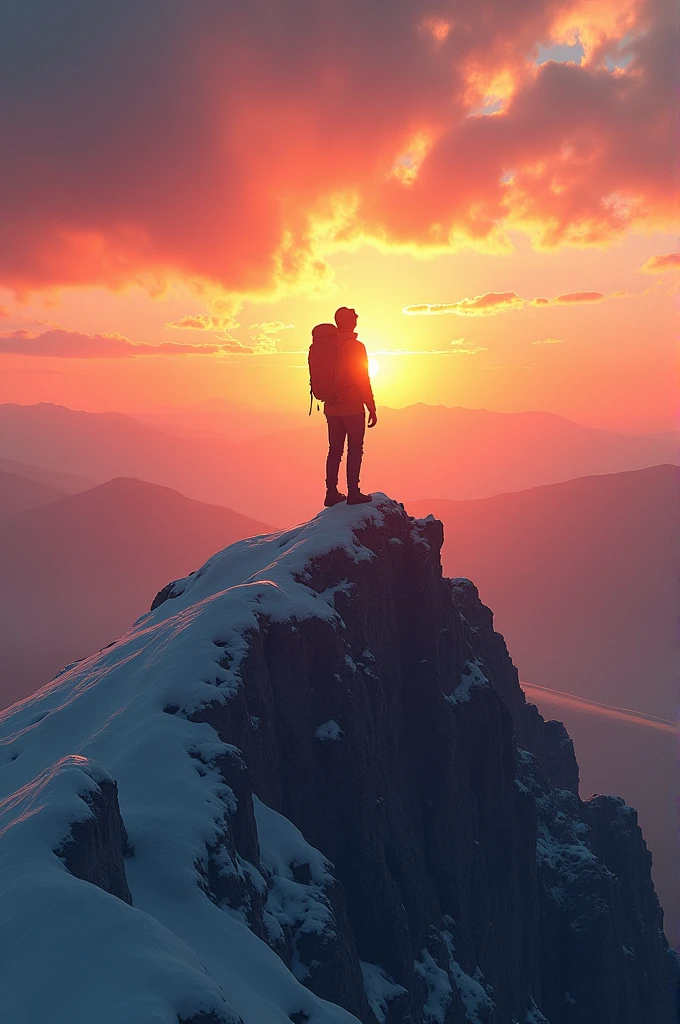 Make a person stand on a mountain looking at the sunset