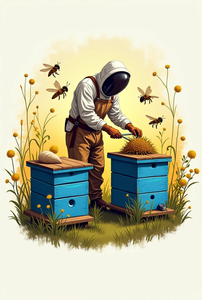 Beekeepers Logo A beautiful bee 2 blue hives and is bees flying