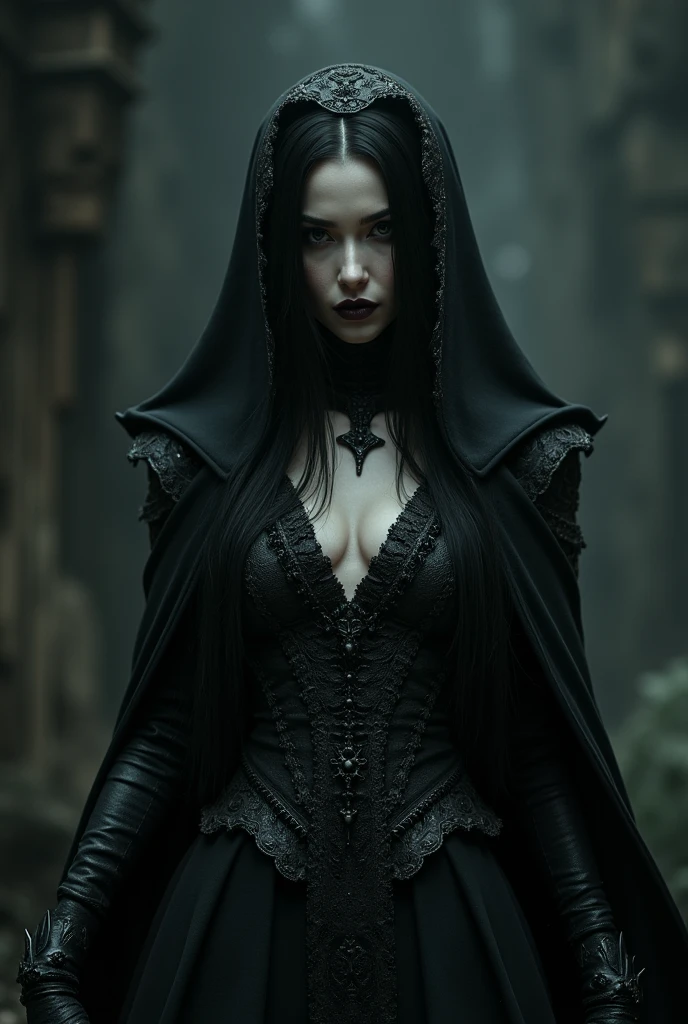 a dark evil sorceress woman, detailed portrait, dramatic lighting, high contrast, cinematic, chiaroscuro, piercing eyes, long black hair, pale skin, dark makeup, pointed chin, sinister expression, intricate ornate dress, flowing cape, mysterious aura, dark fantasy, (best quality,4k,8k,highres,masterpiece:1.2),ultra-detailed,(realistic,photorealistic,photo-realistic:1.37),dark moody atmosphere,dramatic shadows,dramatic lighting,dark color palette,dark and gritty