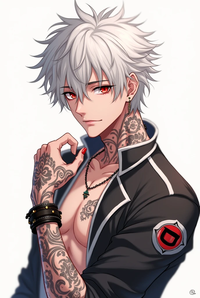 "Anime Style" Man, Attractive Stoic Look, athletic build, messy short white hair. Earring on the left ear, Red eyes, tattoo on the neck and arms, leather bracelets on the hands, Expression: Flirty smile, winking, Background: White."