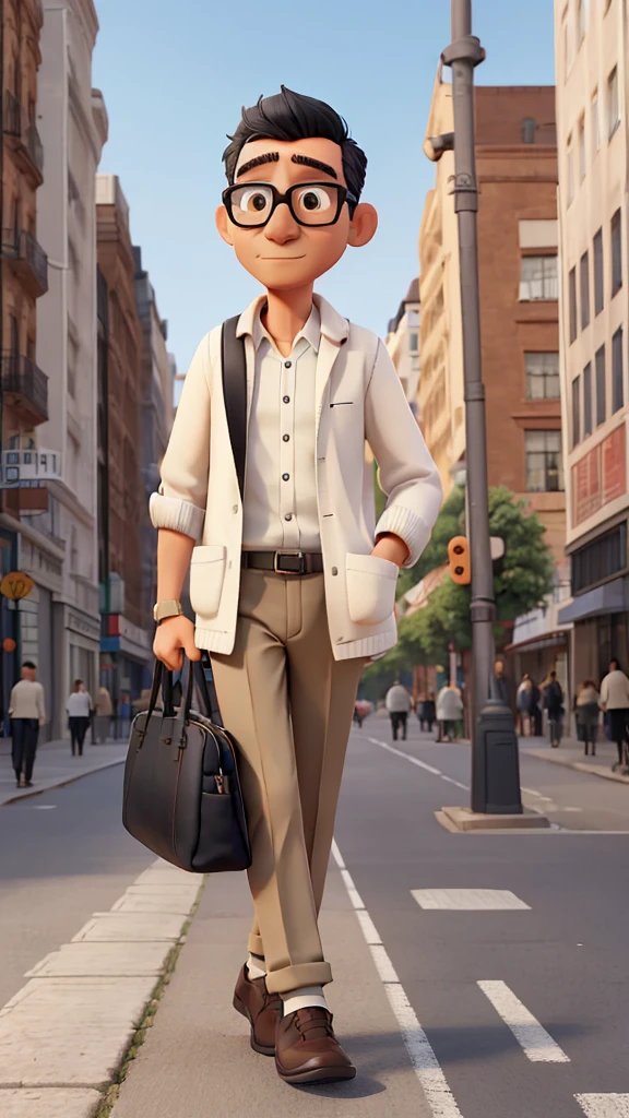 A man walking on the city road,any people in the road, 50 years old,black short hair, thin face , glasses, white long sleeves shirt, black shawl collar cardigan, khaki chino, white snakers, fully light, hold 1 tote bag, correct anatomy,