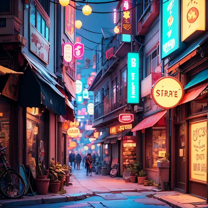 retracted image of a city with alleys to street, super detailed, masterpiece, best quality, ultra quality, absurd details, best light, best shadow, sharp, sharp image, detailed, extremely detailed, great resolution, 8k, 4k, uhd, volumetric, bright sprite, particle effects, beautiful effects, neon, neon light, sunbeam, sunlight, (character on the street)