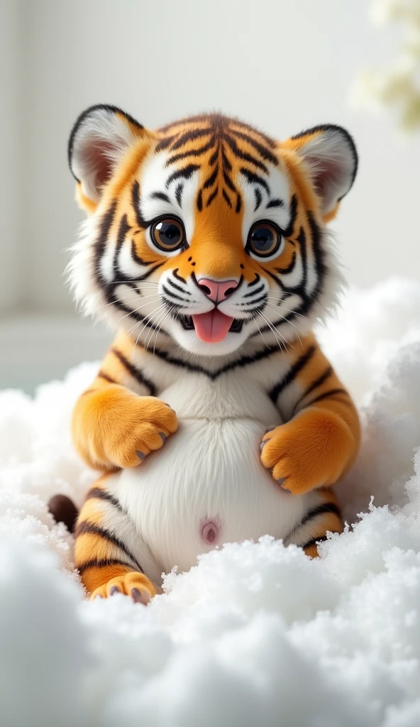 A chubby and cute little tiger baby, Pregnant big belly,Big eyes, Cute and cuddly,Fluffy, Delicate and exquisite, Real little tiger,The expression is very cute and sticking out tongue is very cute,Play with real white foam in the bathroom,Pure white high-end bathroom background