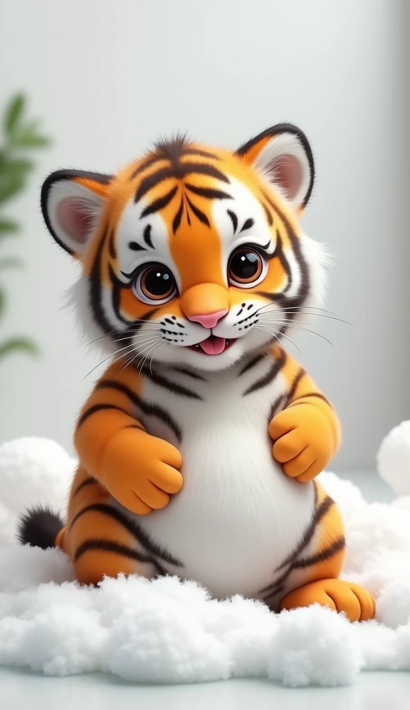 A chubby and cute little tiger baby, Pregnant big belly，Big eyes, Cute and cuddly，Fluffy, Delicate and exquisite, Real little tiger，The expression is very cute and sticking out tongue is very cute，Play with real white foam in the bathroom，Pure white high-end bathroom background