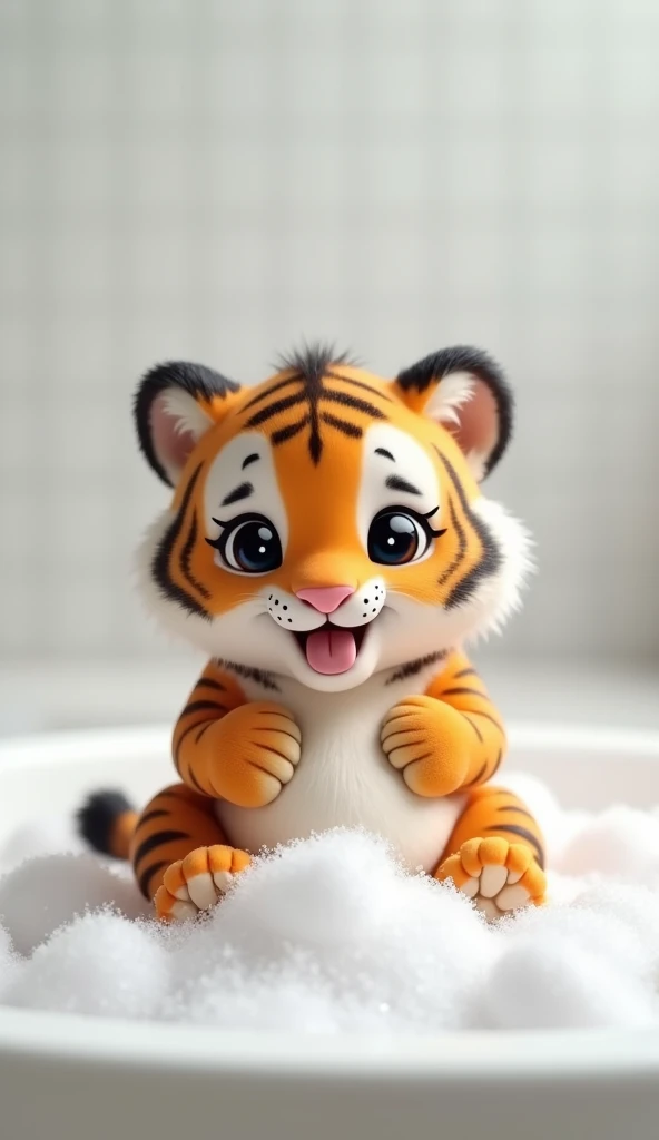 A chubby and cute little tiger baby, Pregnant big belly,Big eyes, Cute and cuddly,Fluffy, Delicate and exquisite, Real little tiger,The expression is very cute and sticking out tongue is very cute,Play with real white foam in the bathroom,Pure white high-end bathroom background