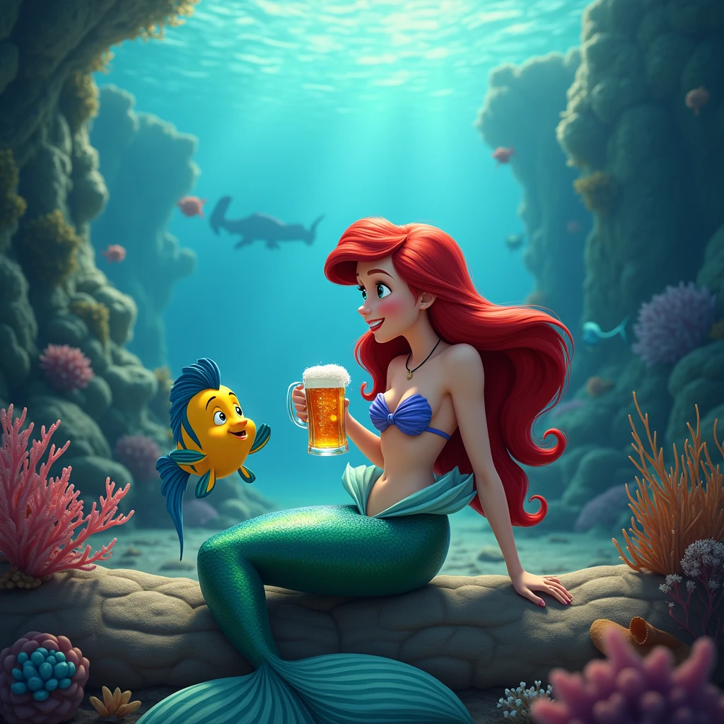 30 years old Ariel, Underwater Kingdom, drinks beer with Flounder